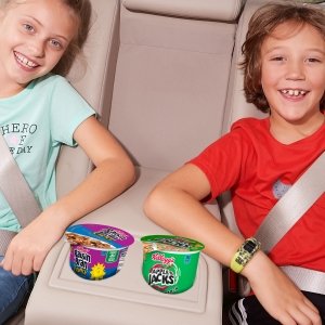 Kids can take Raisin Bran Crunch and Apple Jacks cereal cups as snacks on the go in a car or SUV