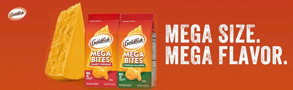 Goldfish Mega Bites are a large goldfish made with real cheese, making it a perfect adult snack.